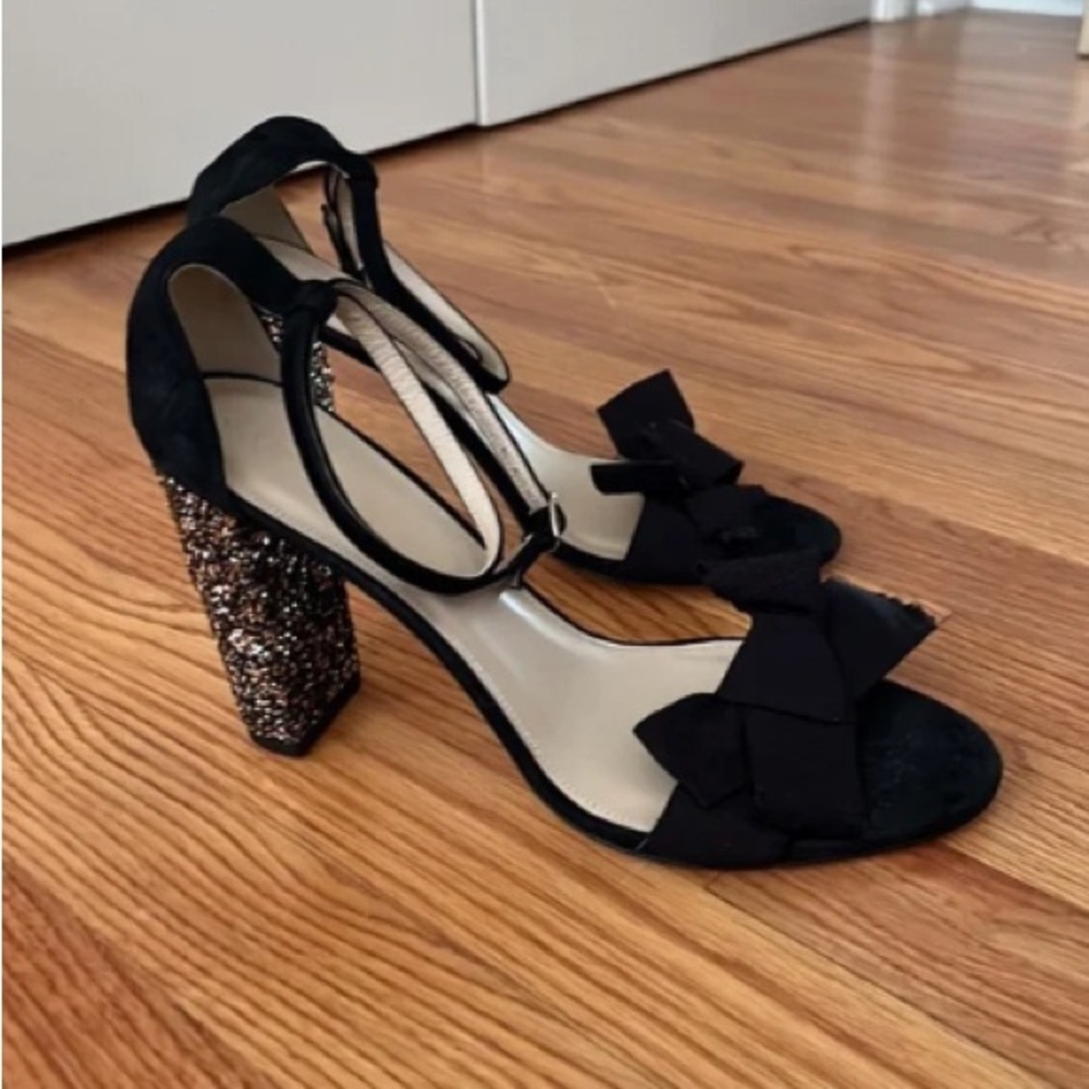 J. Crew black suede glitter sandals heels made in Italy 10.5 strappy